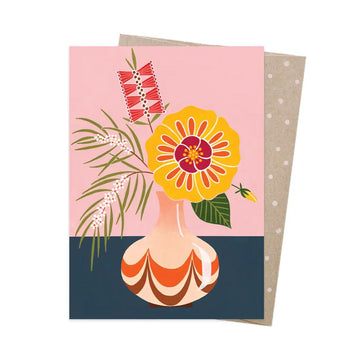 A greeting card illustrated with a vase and flowers.