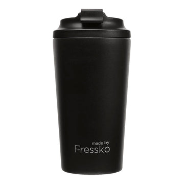 A black travel mug with the text 'made by Fressko' written on the bottom.