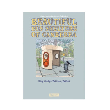 A magnet with an illustration of a Canberra bus shelter by Trevor Dickinson attached to a blue card.