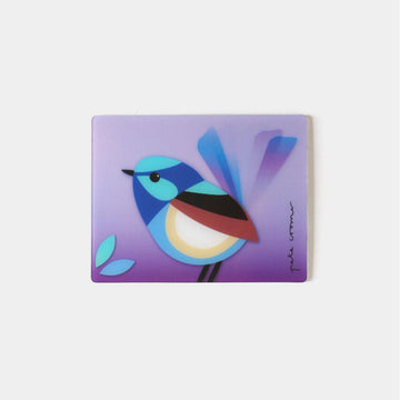 A rectangle magnet with a moving image of a fairy wren against a purple background.