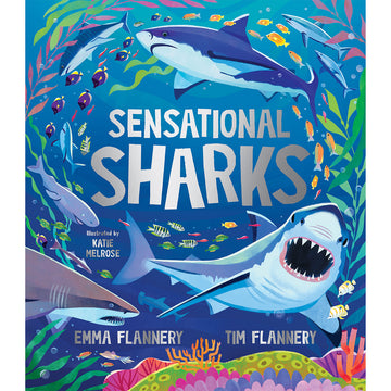 'Sensational Sharks' book cover featuring illustrations of sharks swimming in the sea surrounded by coral and fish.