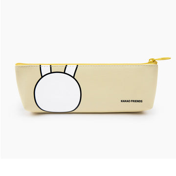 Pencil case with cartoon face design and 'MUZI' branding on a white background.