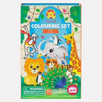 Front of the colouring set box featuring illustrations of zoo animals including a lion, tiger, elephant and giraffe.