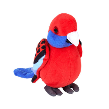 A soft toy in the shape of a crimson rosella.