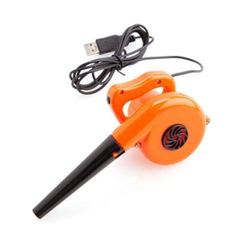 A mini sized blower in orange and black with a USB cord attached.