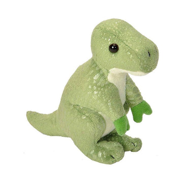 A soft toy in the shape of a green T rex dinosaur.