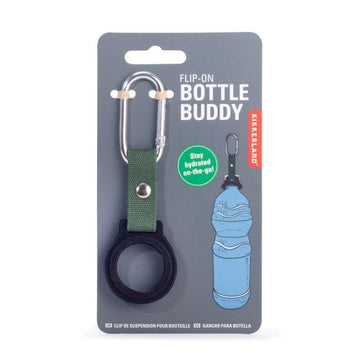 A bottle buddy attached to a card with an illustration of it in use attached to a bottle.
