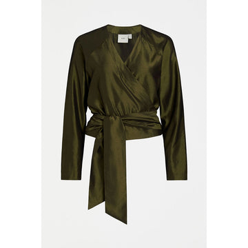 A women's long sleeve top in khaki green metallic fabric with a wrap around design.