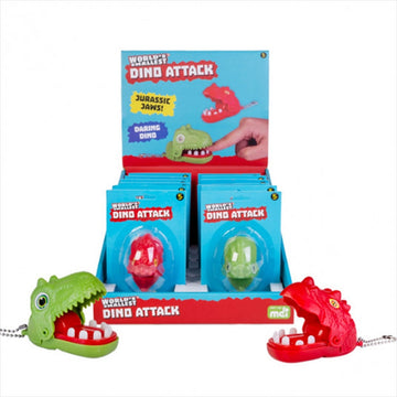 A small display of dinosaur heads inside clear packaging attached to a blue card. There is a green dinosaur head and a red dinosaur head next to the display on either side.