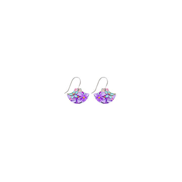 A pair of drop earrings with a mini pagoda shape and printed with purple floral artwork.