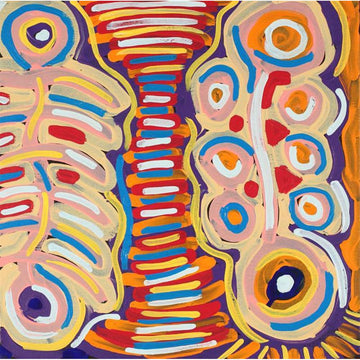 A square painting with abstract shapes in pink, blue, orange and white.