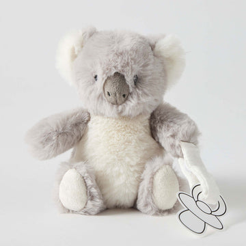 A koala shaped soft toy with a clip attached to hold a dummy.