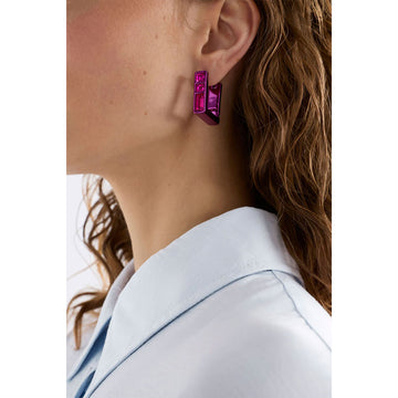 Pair of pink square hoop earrings on a white background.