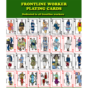 Playing cards illustrated by Mick Ashley of different frontline workers.