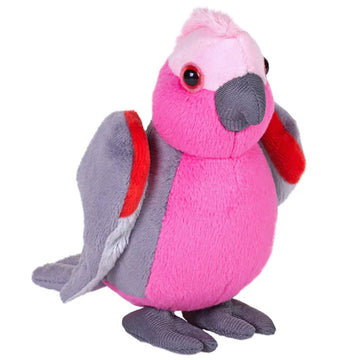 A soft toy in the shape of a pink galah.