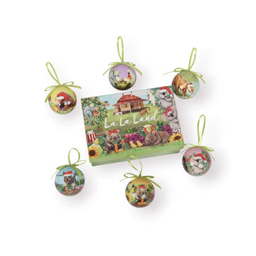Set of decorative Christmas ornaments with a 'La La Land' packaging on a white background. The box and ornaments are illustrated with Australian animals.