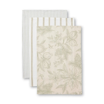 A set of three tea towels each with a different pattern in neutral colours.
