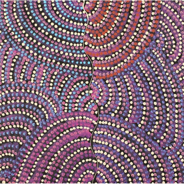 A square painting made up of purple dots in different shades making arches.