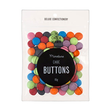 Packaging of colorful chocolate buttons with 'Chocamama' branding on a white background.