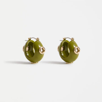 Pair of green hoop earrings with gold accents on a white background.