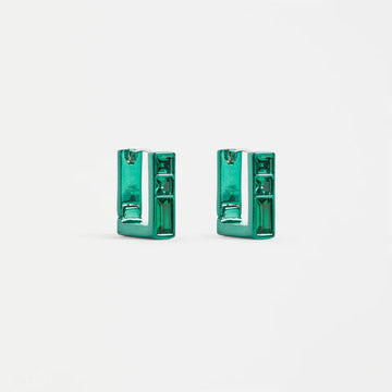 Pair of green square hoop earrings on a white background.