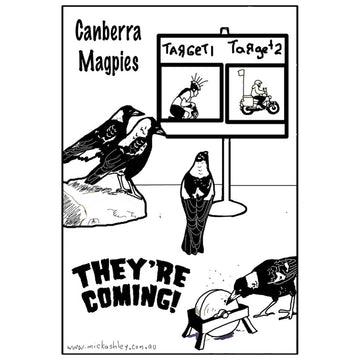 A black and white tea towel with an illustration of magpies preparing for swooping season.