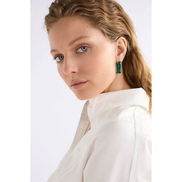 Pair of green square hoop earrings on a white background.
