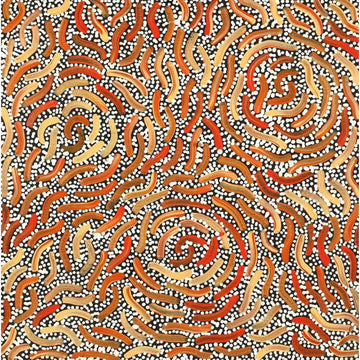 A square painting of curved lines in shades of brown over a black and white dotted background.