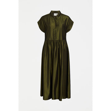 A short sleeve shirt style dress with a gathered waist and in a metallic khaki green fabric.
