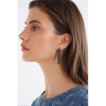 A pair of drop earrings with a blue triangle at the top and chains hanging below.