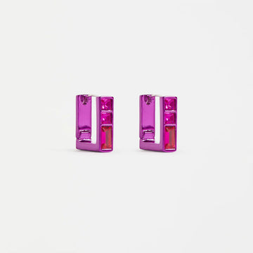 Pair of pink square hoop earrings on a white background.