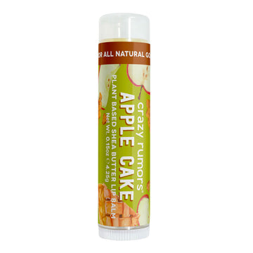 Lip balm stick with 'Apple Cake' flavour packaging on a white background.