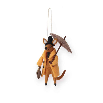 Decorative ornament of a kangaroo in a coat and top hat holding an umbrella on a white background.
