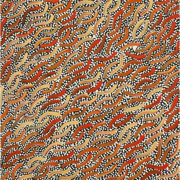 A square painting with curved lines in shades of brown over a black and white spotted background.