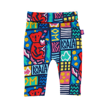 A pair of baby leggings printed with a colourful grid design pattern with a red koala and the text 'Koala' visible.