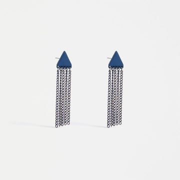 A pair of drop earrings with a blue triangle at the top and chains hanging below.