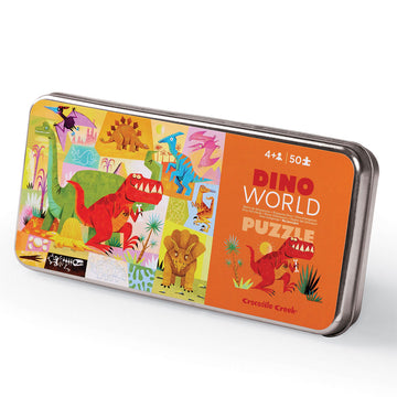 A rectangle tin with an illustration of coloured dinosaurs and the title 'Dino World Puzzle' on the right side.