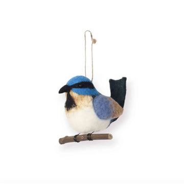 Felted bird ornament with blue and brown plumage on a white background.