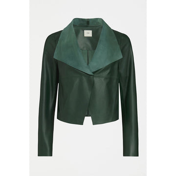 Front view of a women's leather jacket in green with a cropped hem and 
a triangular shaped lapel and collar.