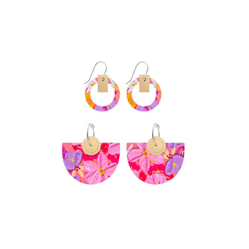 Two pairs of earrings pictured, one with hooks and a circle outline and the other with hoops and a large semi circle printed with pink floral artwork.