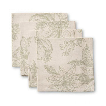 Set of four beige napkins with floral patterns on a white background.