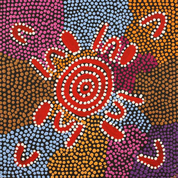 A square painting with a pink, blue and orange background made from dots with red circles in the middle.