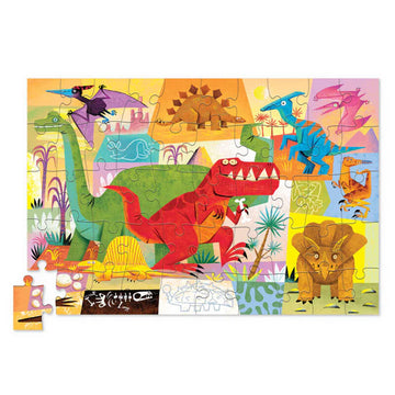A rectangle tin with an illustration of coloured dinosaurs and the title 'Dino World Puzzle' on the right side.