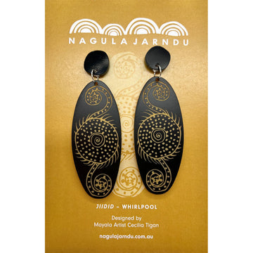A pair of drop stud earrings shaped like black ovals with a circular design etched inside. The earrings are attached to a dark yellow product card.