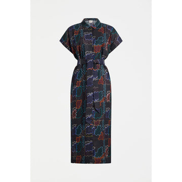 Patterned shirt style dress on a white background.