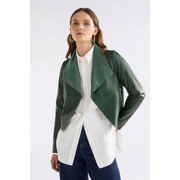 Front view of a women's leather jacket in green with a cropped hem and 
a triangular shaped lapel and collar.