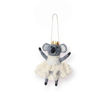 Plush koala toy in a white dress with a gold crown on a white background.