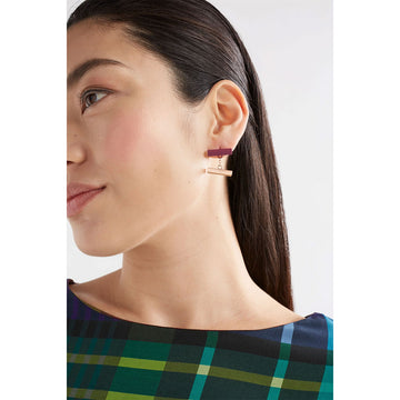 A pair of drop earrings featuring a mulberry coloured horizontal bar linked to a gold horizontal bar.