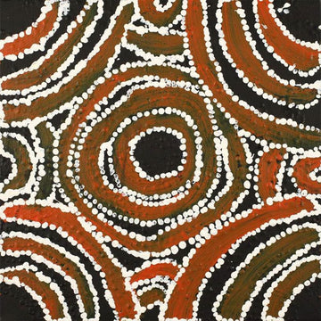 A square painting made up of brown and green circular brush strokes with white dotted outlines.