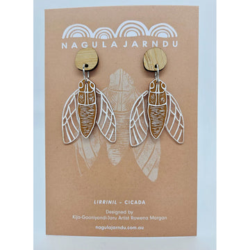 A pair of wooden earrings shaped like cicadas attached to a light brown card.